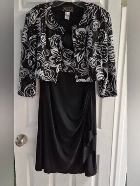 Alex Evenings Black Dress with White Sequin Bolero Jacket Size 16